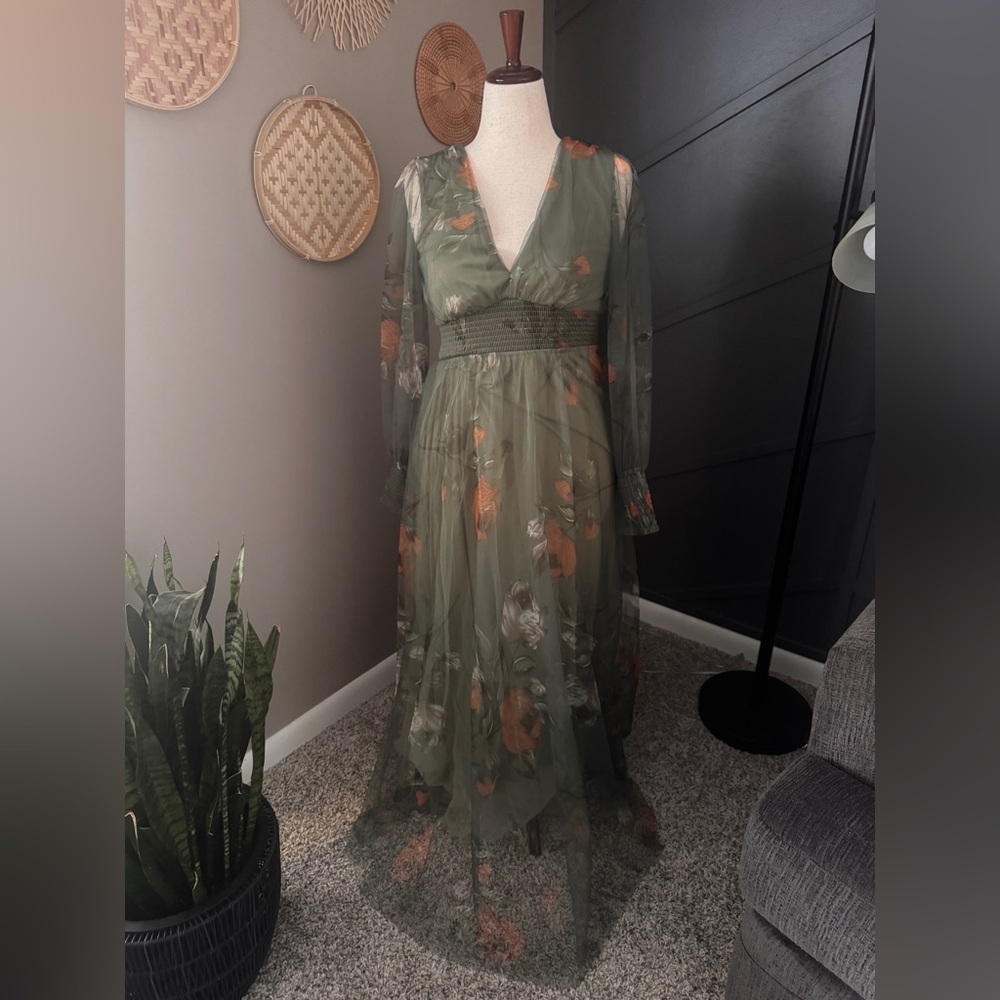 Baltic Born Layla Tulle maxi dress. Olive, Floral Long Sleeve Dress.